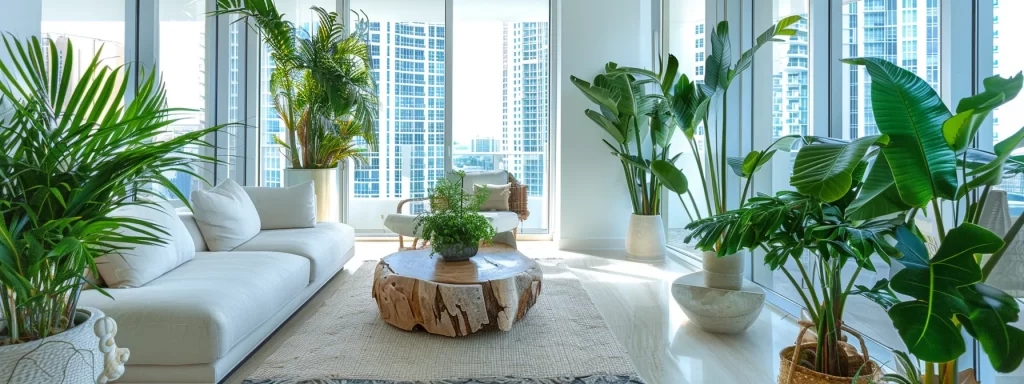 a beautifully renovated miami condo showcases a bright, open living area adorned with modern furnishings and lush indoor plants, epitomizing elegance and eco-friendly design.