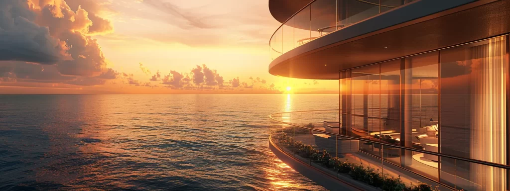 a breathtaking skyline view of a modern luxury high-rise condo in miami, showcasing its sleek architectural design against a vibrant sunset, with the shimmering ocean reflecting the warm hues of the sky.