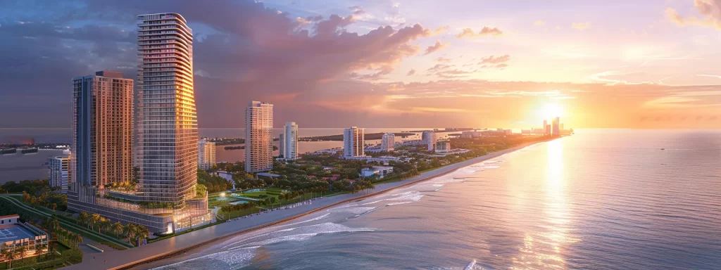 a breathtaking sunset over the vibrant waterfront condos of downtown miami showcases luxurious living, with soft waves gently lapping against pristine beaches and lush green parks in the foreground.