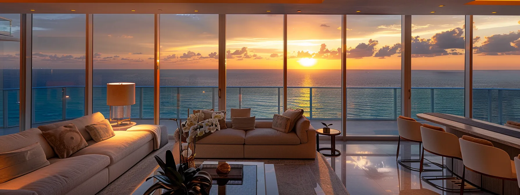 eine luxuriöse Eigentumswohnung in einem Hochhaus miami bietet einen Panoramablick auf den glitzernden Ozean und die pulsierende Skyline der Stadt, die in goldenes Sonnenuntergangslicht getaucht ist, und unterstreicht so den Reiz, die Mieteinnahmen zu maximieren.