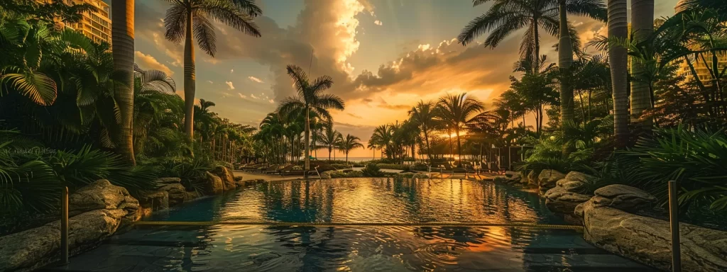 a luxurious miami condo courtyard features a stunning infinity pool surrounded by vibrant tropical landscaping, complete with a modern fitness center in the background, bathed in golden sunset light to emphasize a lifestyle of comfort and sophistication.