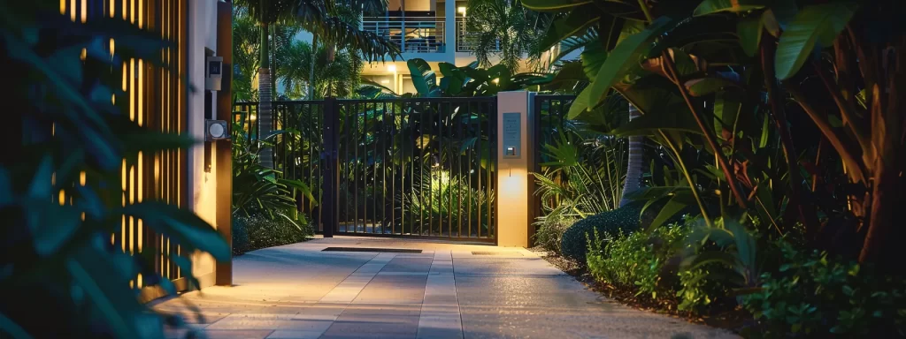 a modern, luxurious waterfront condo in miami is bathed in soft evening light, showcasing secure gated access with elegant surveillance cameras, surrounded by lush greenery that emphasizes a serene and safe residential environment.