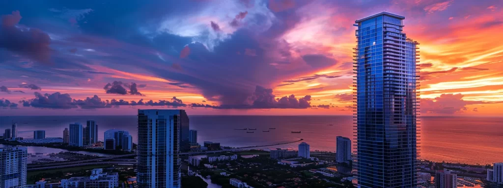 a modern miami condominium gleams under the vibrant sunset, showcasing expertly crafted architecture that embodies the pinnacle of quality and sophistication in renovations.