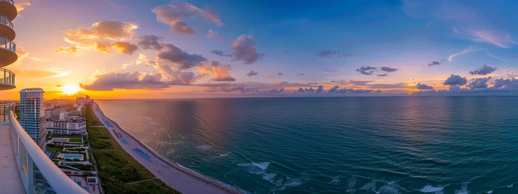 a panoramic view of a vibrant miami skyline at sunset, highlighting modern condos with ocean vistas, capturing the essence of urban luxury and beachside living.