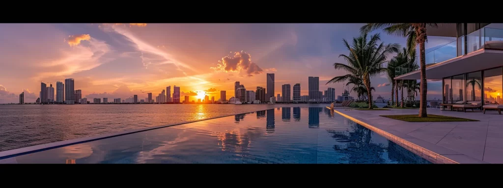 a panoramic view of a luxurious miami condo showcasing its elegant infinity pool, vibrant palm trees, and modern skyline at sunset, highlighting the high-end lifestyle and amenities of urban living.