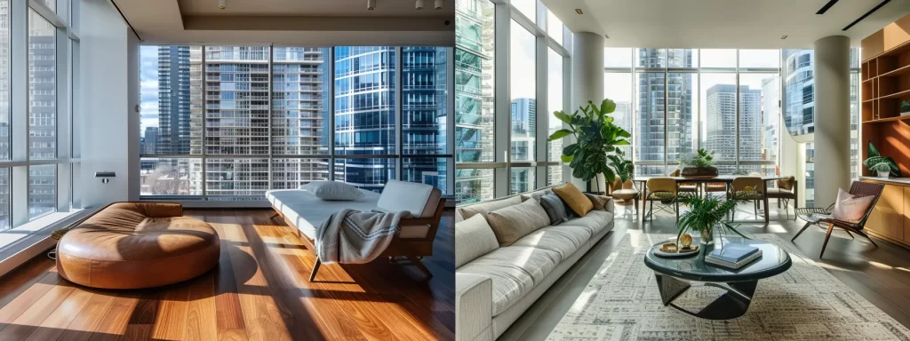 a sleek, modern condo interior bathed in bright natural light, featuring a harmonious blend of sustainable materials, vibrant color schemes, and multifunctional furniture that creates a refreshing and inviting atmosphere.