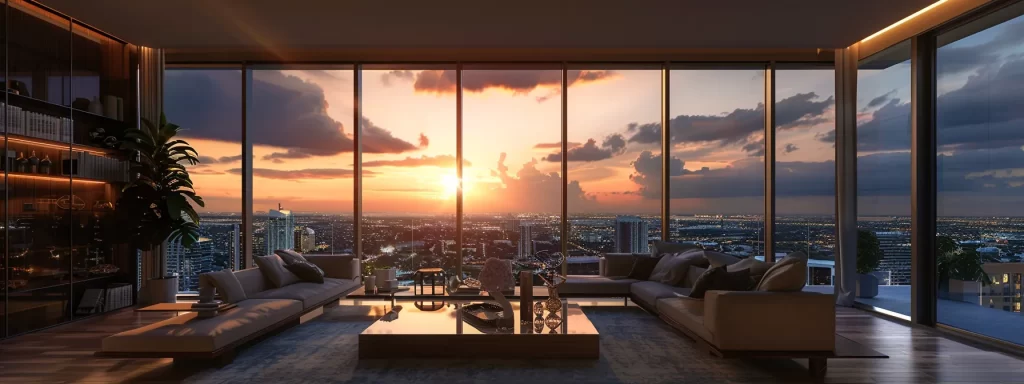 a sophisticated miami condo with a panoramic view of the vibrant skyline at sunset, symbolizing the allure of investment opportunities juxtaposed with the importance of legal due diligence.