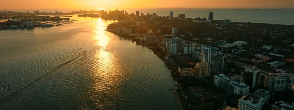 a stunning aerial view of miami's iconic waterfront neighborhoods at sunset, showcasing the vibrant high-rises of south beach, luxurious condos in brickell, and serene family-friendly spaces in key biscayne, all illuminated by the warm glow of the setting sun reflecting off the water.