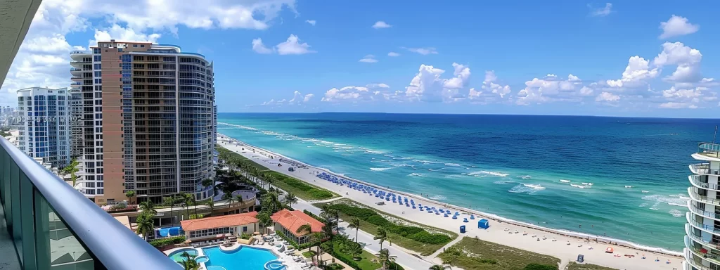 a stunning aerial view of miami's skyline showcases a vibrant cluster of modern condos against a backdrop of azure waters and sunny skies, symbolizing the dynamic real estate market trends in the city.