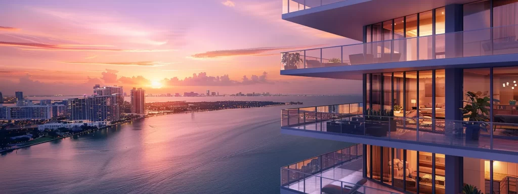 a stunning aerial view of miami's luxury condo skyline at sunset, highlighting the glimmering high-rise apartments along biscayne bay, with vibrant hues reflecting off the water, symbolizing the booming real estate market and foreign investment opportunities.