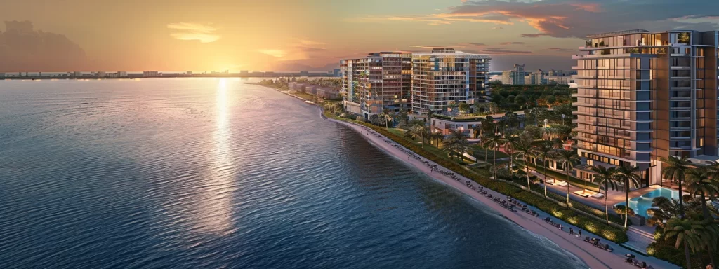 a stunning aerial view of luxurious waterfront condos in miami, showcasing vibrant blue waters and palm-lined promenades under a golden sunset, symbolizing the allure of upscale living and the booming real estate market.