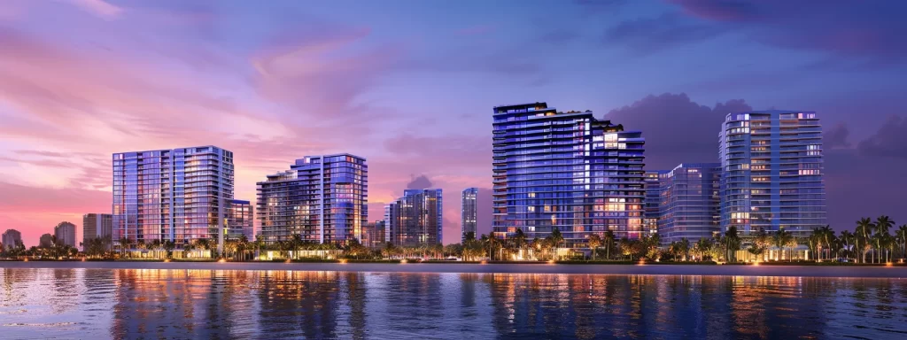 a stunning sunset illuminates a row of sleek, modern miami condos with unique architectural designs, reflecting the vibrant colors of the sky and showcasing their eco-friendly features along the sparkling waterfront.