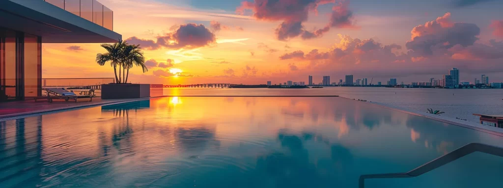 a stunning view of a luxurious miami waterfront condo, showcasing eco-friendly amenities and a pristine infinity pool against a vibrant sunset, emphasizing a modern lifestyle of comfort and sustainability.