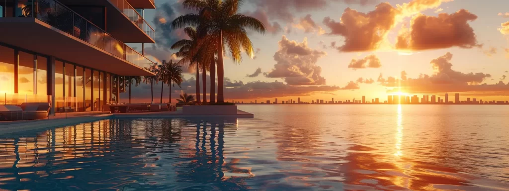 a stunning waterfront view of a luxurious miami condo at sunset, with vibrant colors reflecting on the water and modern architecture framed by lush palm trees, evoking an enticing lifestyle of relaxation and elegance.