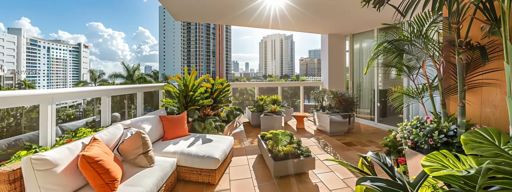 a sunlit miami condo terrace adorned with vibrant tropical plants and modern decor, symbolizing the importance of regular maintenance for a serene and inviting living space.