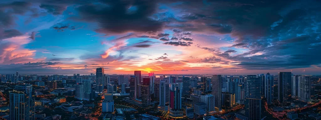 a vibrant aerial view of miami's luxurious skyline at sunset, showcasing iconic condo buildings lined along the coast, with bustling south beach below, highlighting the city's dynamic real estate market and prime investment opportunities.