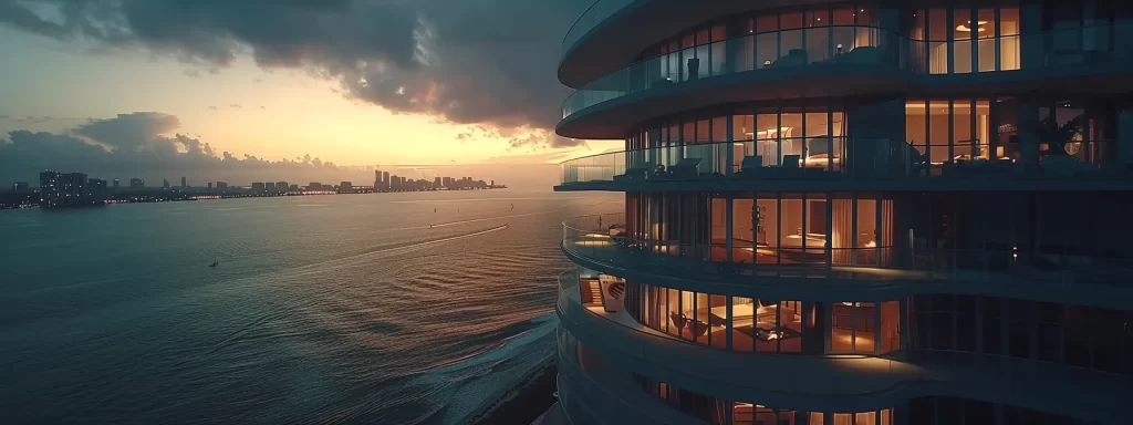 a vibrant aerial view of luxury miami condos glimmering under the sun, with the turquoise waters of the coastline in the background, symbolizing the lucrative potential of real estate investment in a flourishing market.