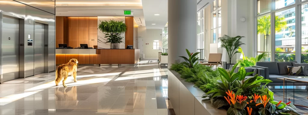 a vibrant miami condo lobby showcases high-tech security features, including modern surveillance cameras and secure entry points, with a playful golden retriever happily exploring the sleek, pet-friendly environment.