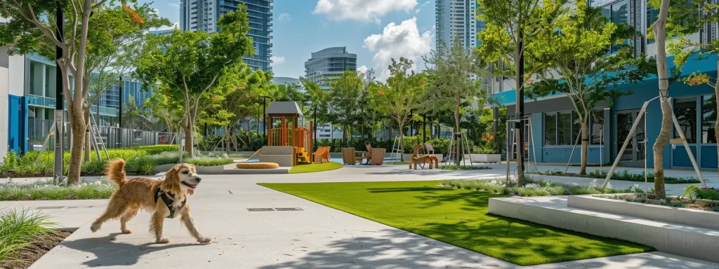 a vibrant miami condo showcases a sunny outdoor pet-friendly space, featuring a lush dog park and inviting pet washing station, epitomizing a welcoming community for furry companions in a bustling urban setting.