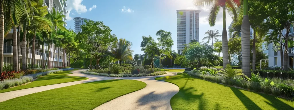 a vibrant miami condo sits amidst lush greenery and colorful, pet-friendly parks, highlighting the ideal environment for joyful pets and their owners enjoying the sunny, social lifestyle of the city.