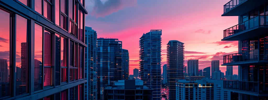 a vibrant miami condo skyline at sunset, showcasing modern high-rises with panoramic views of bustling nightlife and cultural landmarks in the brickell neighborhood, emphasizing the allure of urban living.