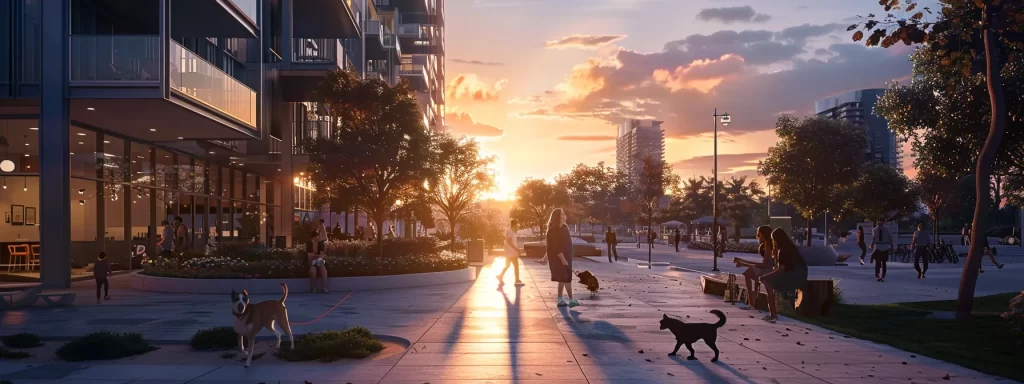 a vibrant miami skyline at sunset, featuring modern condos with stylish steel patios, surrounded by diverse pet owners walking their dogs, highlighting the importance of pet regulations in urban living.