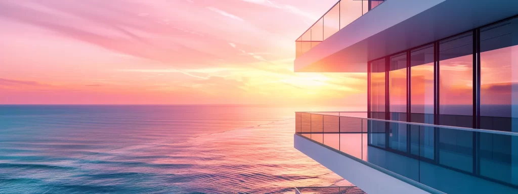 a vibrant miami skyline at sunset, featuring modern condominiums with large balconies overlooking the ocean, symbolizing the excitement of first-time condo buyers navigating the bustling real estate market.