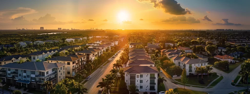 a panoramic view of miami's skyline featuring stunning luxury high-rise condos gleaming under the golden sunset, symbolizing the vibrant investment potential of the city's real estate market.