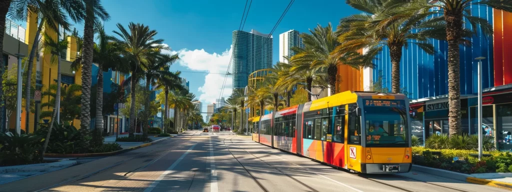 a vibrant miami street scene showcasing diverse transportation options, with colorful condos lining the sidewalk, bustling public transit, and palm trees swaying under a bright blue sky, encapsulating the city's accessibility and urban lifestyle.