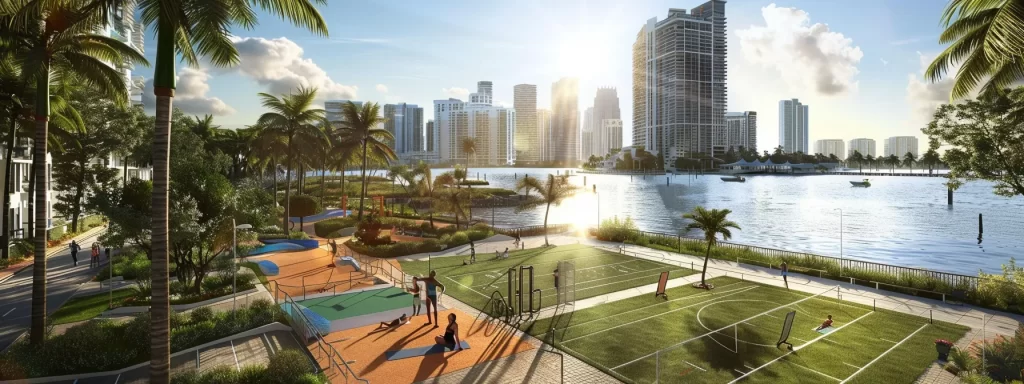 a vibrant, sunlit waterfront scene captures residents engaging in diverse fitness activities, from yoga by the pool to spirited games on sports courts, all amidst the backdrop of luxurious miami condos.