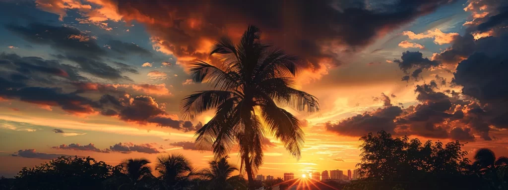 a vibrant sunset casts a golden hue over miami's skyline, showcasing the unique architectural styles of diverse neighborhoods like miami beach, wynwood, and coral gables, with palm trees swaying gently against a vivid sky.