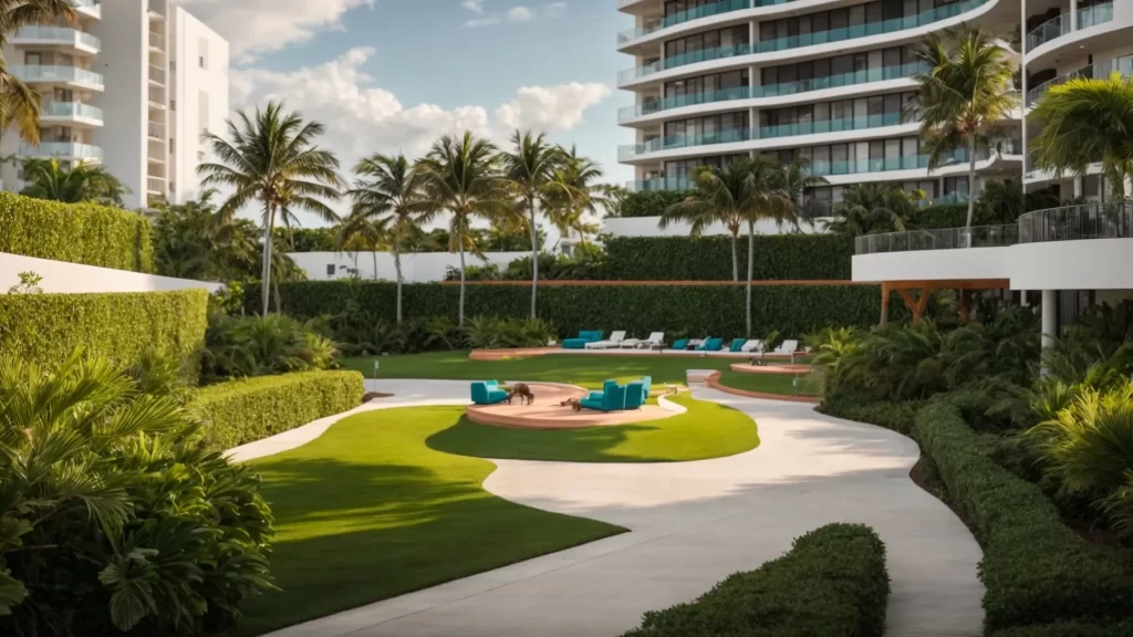 a panoramic view of a luxurious miami condo featuring a vibrant rooftop dog park, complete with lush greenery and playful pets enjoying their upscale surroundings under the bright, sunny sky.