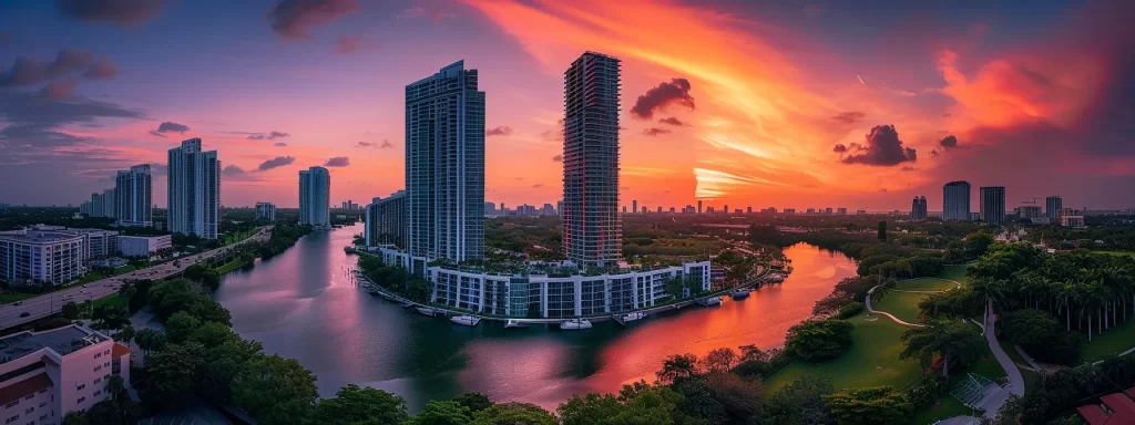 a modern luxury condo high-rise in miami stands majestically against a vibrant sunset, showcasing sleek architectural lines, lush greenery, and integrated smart technology, embodying the future of sustainable living.