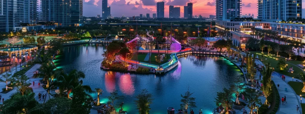 a vibrant sunset illuminates the miami skyline, reflecting off the tranquil waterfront as families enjoy the cultural festivities, embodying the rich lifestyle and community spirit of its diverse condo neighborhoods.