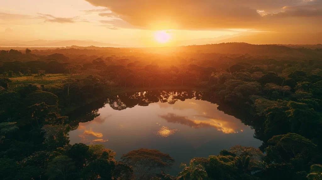 a breathtaking sunrise paints the sky in vibrant hues of orange and pink, casting a warm glow over a tranquil lake surrounded by lush, emerald-green forests.