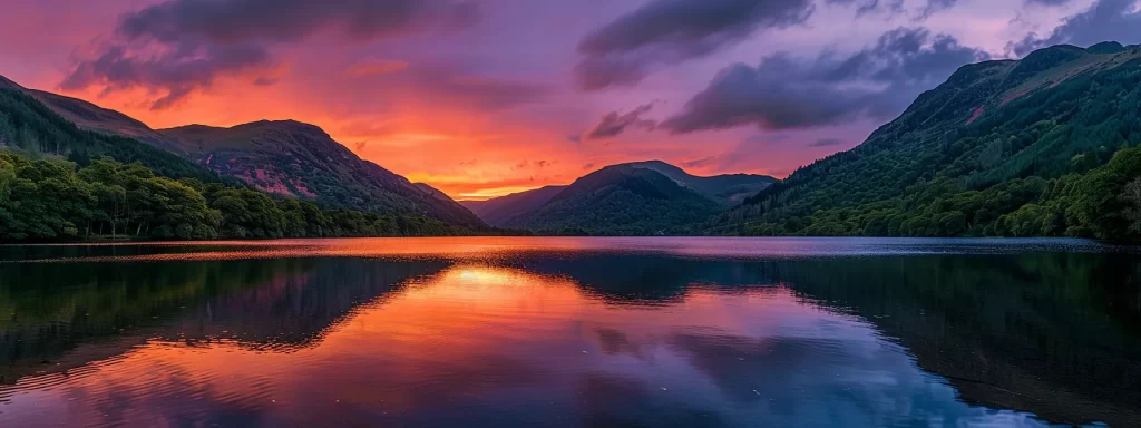 a breathtaking sunset casts vibrant hues of orange and purple across a tranquil lake, reflecting the fiery sky in perfect symmetry and evoking a sense of serene beauty.
