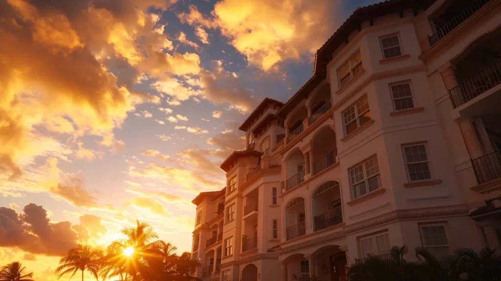 a grand miami beach mansion, illuminated by the golden glow of sunset, stands majestically against a vibrant sky, symbolizing both the allure and complexities of luxury real estate investment.