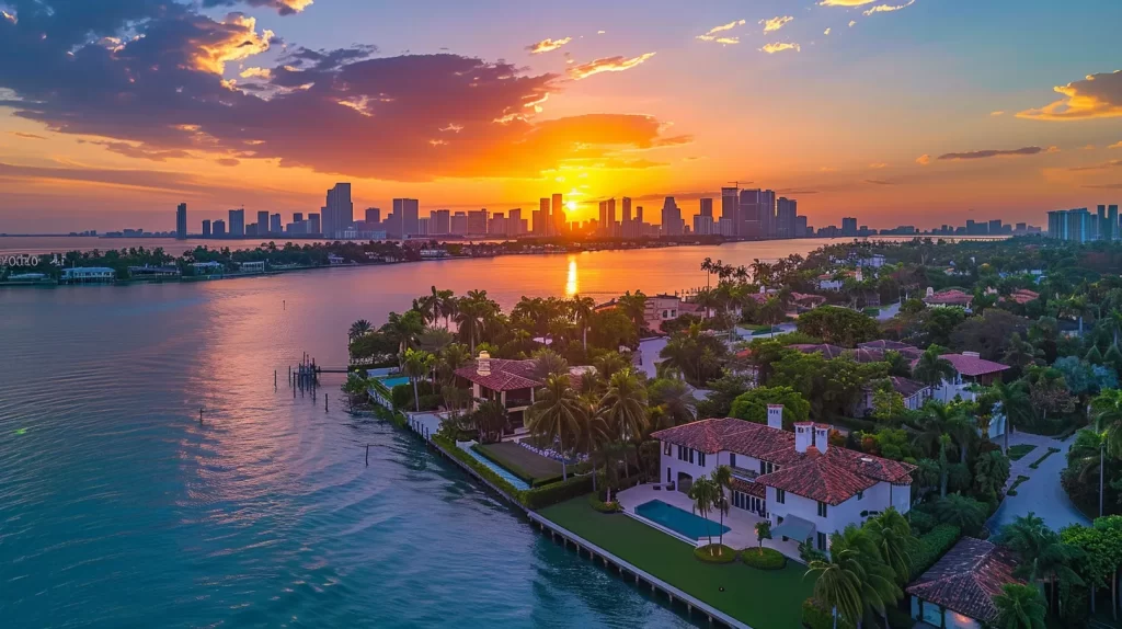 a luxurious miami beach mansion stands majestically against a vibrant sunset, symbolizing the anticipated growth in high-end real estate, with glimmers of the ocean reflecting the evolving preferences of discerning buyers.