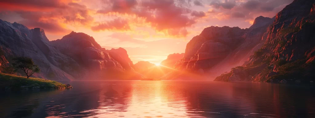 a magnificent sunrise illuminates a tranquil lake surrounded by towering mountains, casting vibrant hues of orange and pink across the water's surface, creating a serene and breathtaking landscape.