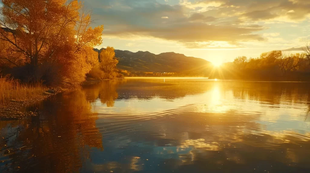 a majestic golden sunrise casts a warm glow over a tranquil lake, with vibrant autumn trees reflecting in the still waters, evoking a sense of peace and serenity.