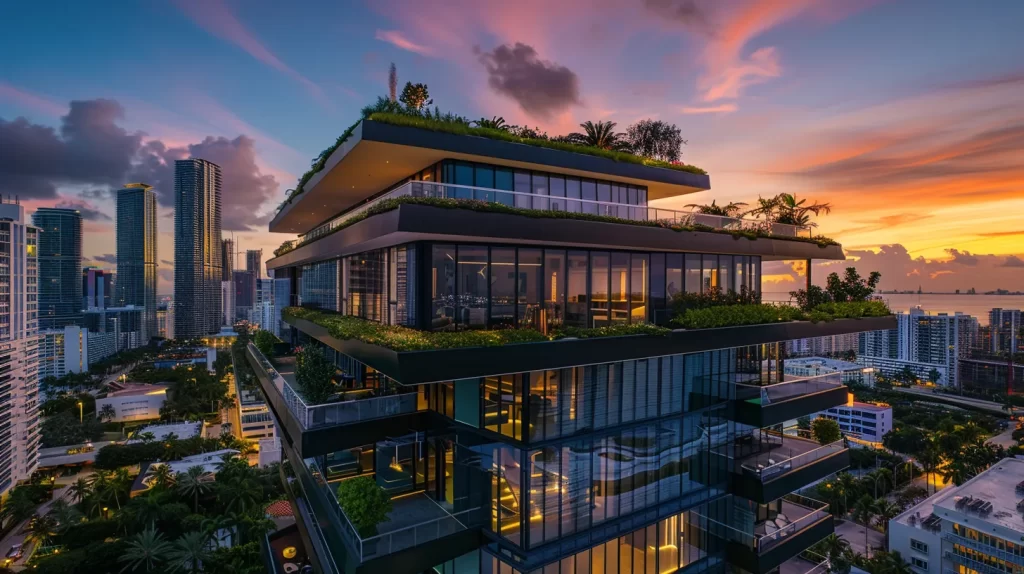 a sleek, modern miami beach building, featuring expansive glass facades and lush green rooftop gardens, embodies the future of sustainable architecture amidst a vibrant coastal skyline at sunset.