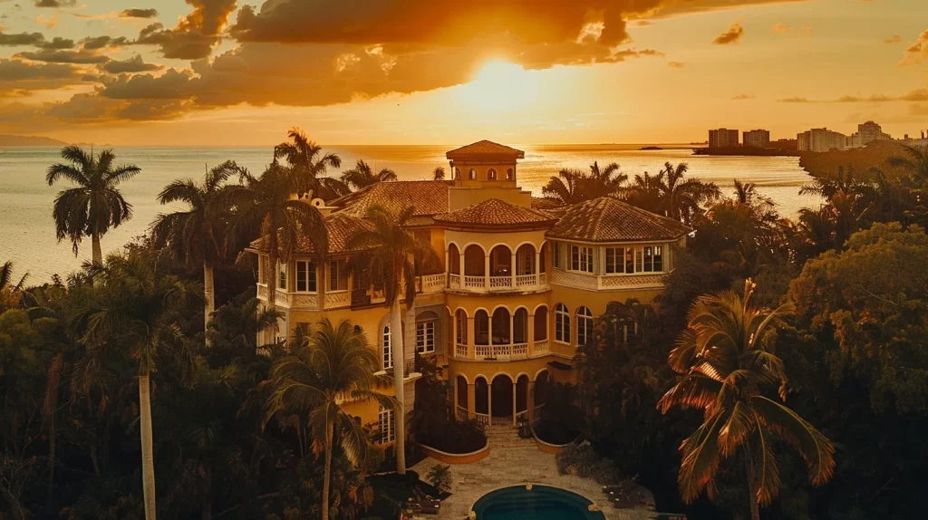 a stunning aerial view of miami beach mansions showcases vibrant, modernist architecture influenced by international design trends, nestled against the shimmering turquoise waters and golden sands of the coastline at sunset.