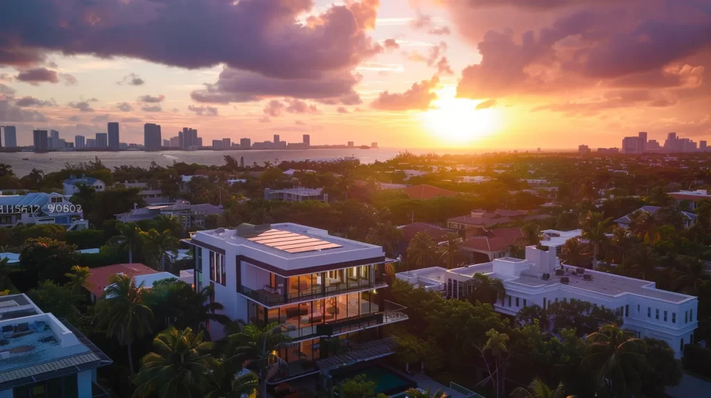 a stunning aerial view of modern miami beach architecture showcasing eco-friendly mansions with lush, sustainable landscaping and solar panels against a vibrant sunset sky.