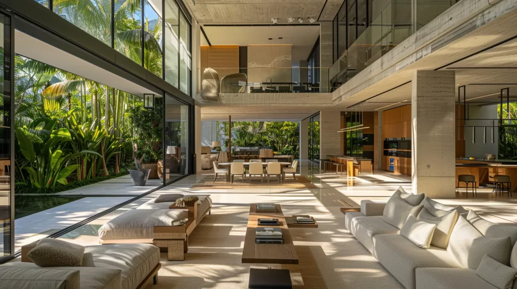 a stunning miami beach mansion featuring expansive open spaces and floor-to-ceiling glass walls that flood the interiors with natural light, seamlessly blending luxurious indoor living with vibrant outdoor spaces amidst lush tropical landscaping.