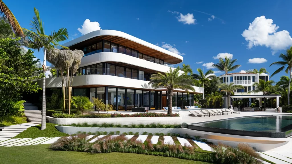 a sweeping view of iconic miami beach mansions, showcasing bold contemporary architecture with sleek lines and vibrant landscaping under the bright sun, epitomizing modern luxury and design trends.