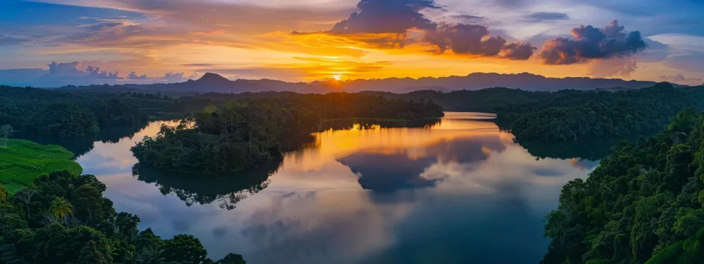 a vibrant sunrise casts golden rays over a serene lake surrounded by lush green forests, reflecting the colorful sky in crystal-clear water.