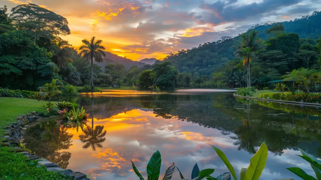 a vibrant sunset casts a golden glow over a serene lake, reflecting the colorful sky and surrounding lush greenery in a tranquil, idyllic atmosphere.