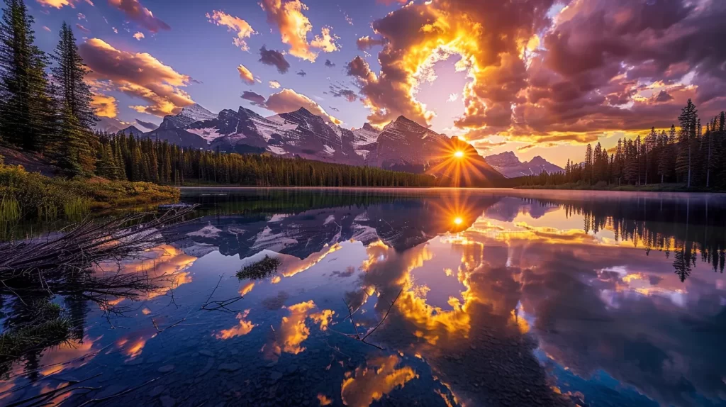 a vibrant sunset casts golden hues over a serene lake, reflecting the silhouetted outline of majestic mountains and a serene sky filled with fluffy clouds.