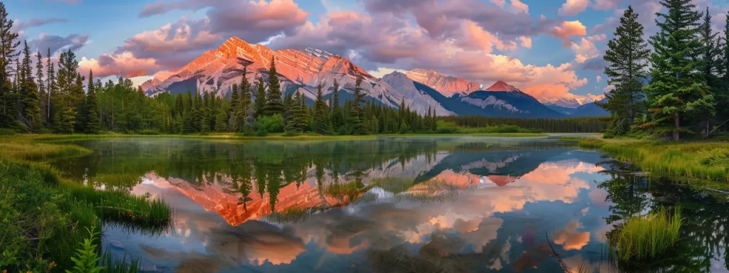 a vibrant sunset casts golden hues over a serene lake, with majestic mountains reflecting in the still water, creating a breathtaking natural panorama.