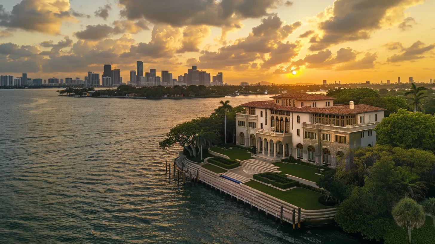 a stunning miami beach mansion elegantly perched on the vibrant turquoise shoreline, bathed in golden sunset light, contrasting its luxurious façade against the serene intracoastal waters.